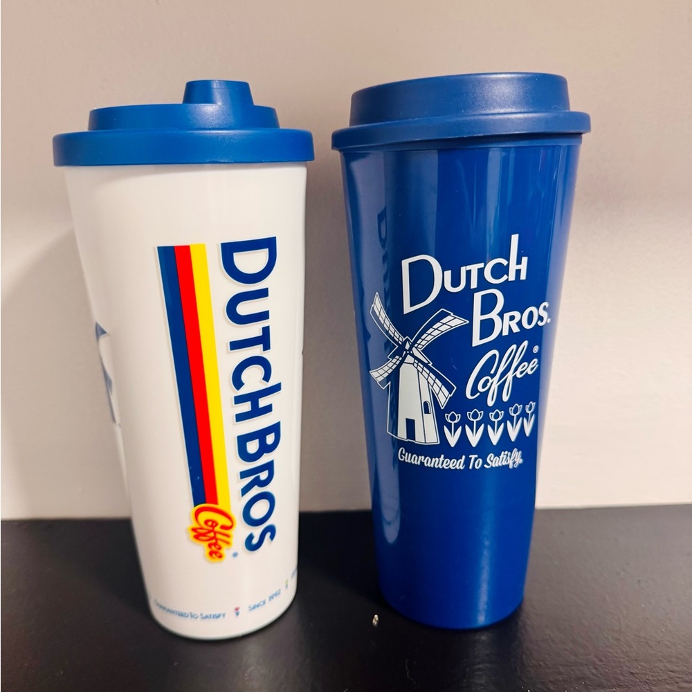 Dutch Bros Blue and White Coffee Cups